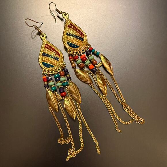 None and/or Unknown Jewelry - Boho Bohemian Style Beaded Gold Tone Dangly Earrings